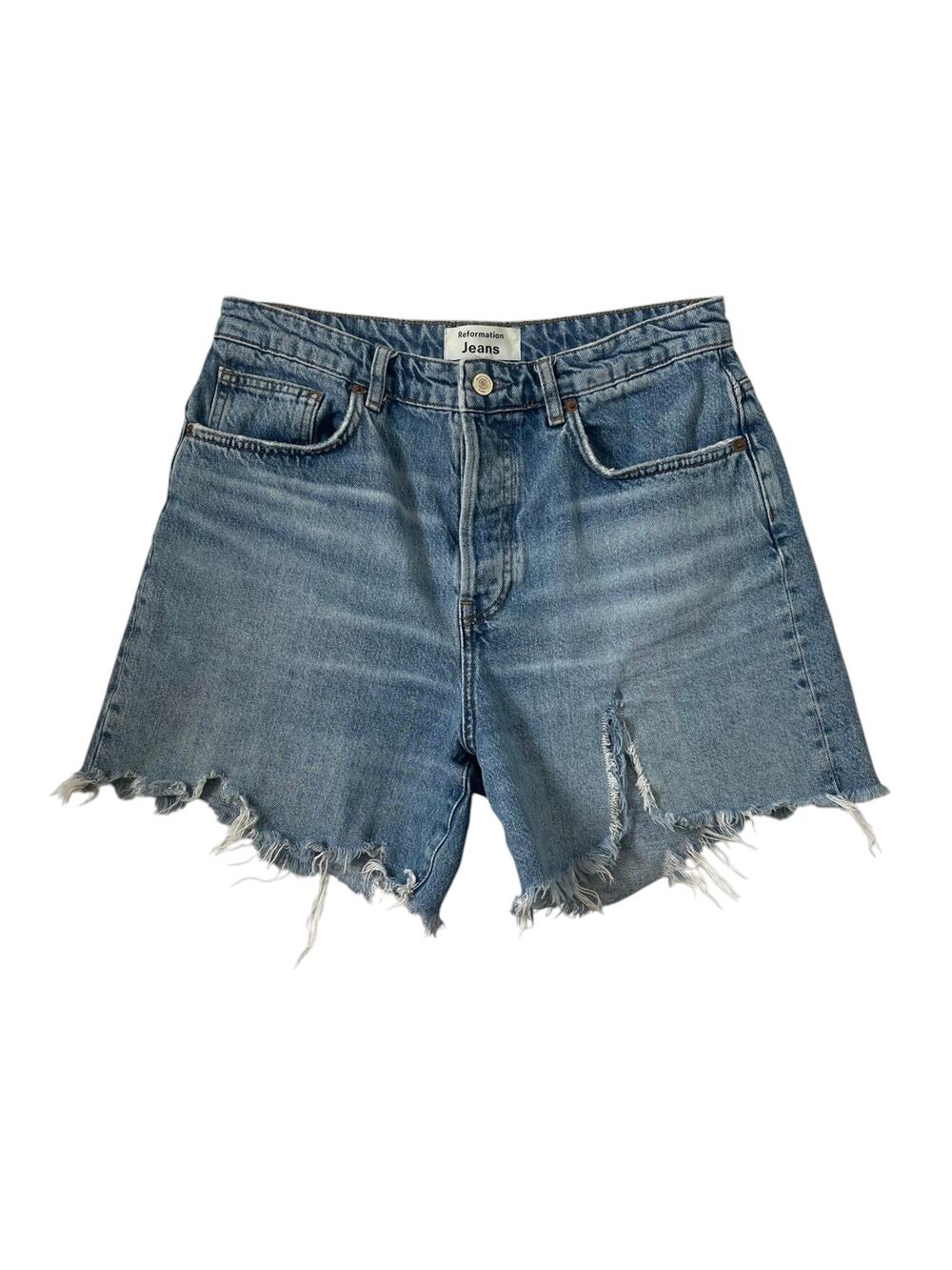 Reformation Raye Mid-Rise Relaxed Jean Shorts - Blue Denim - Distressed - Sz 28